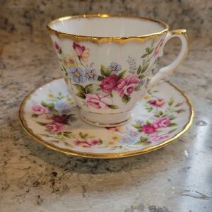 Vintage Floral Teacup and Saucer with Gold Accents